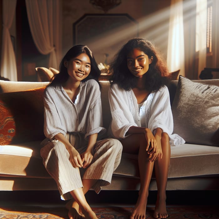 Tranquil Velvet Couch Scene with Two Carefree Young Women