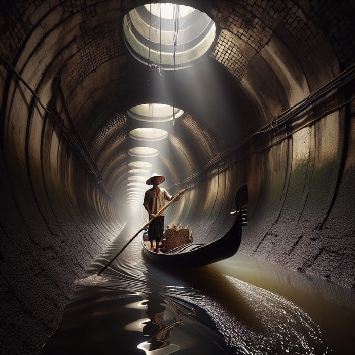 South Asian Gondolier Maneuvering in Dimly Lit Sewer Tunnel