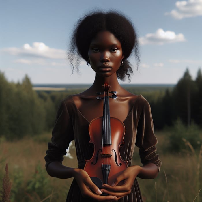 Barefoot Black Woman Playing Violin in Nature