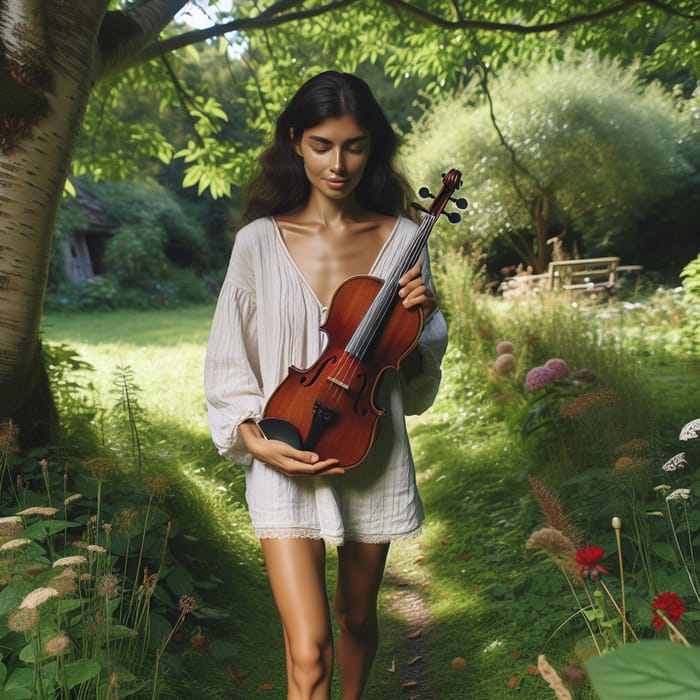 Barefoot Young Woman Playing Violin in Lush Nature