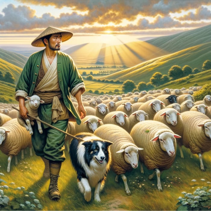 Asian Shepherd Guiding Diverse Flock of Sheep in Idyllic Rural Scene