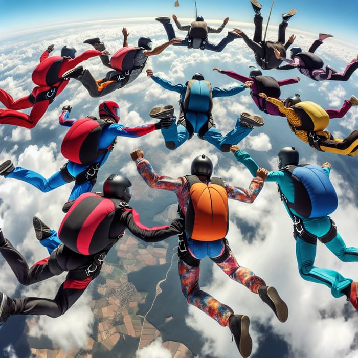 Diverse Skydiving Team Soaring in Blue Sky