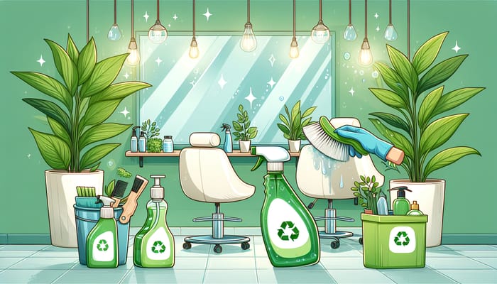 Clean Salon with Eco-Friendly Products: Benefits Illustrated in Cartoon Style