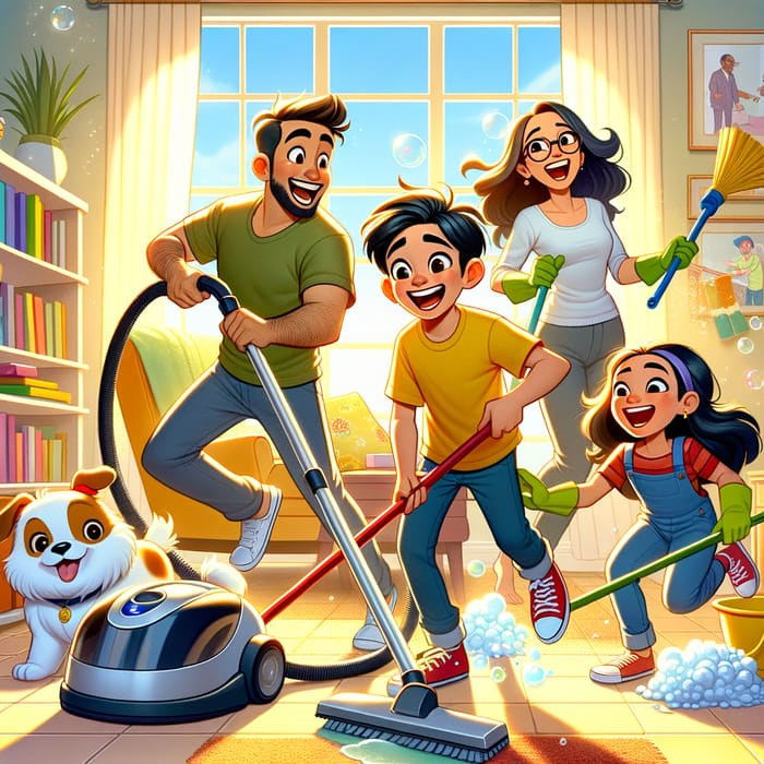 Vibrant Family Cleaning Scene with Joy & Enthusiasm