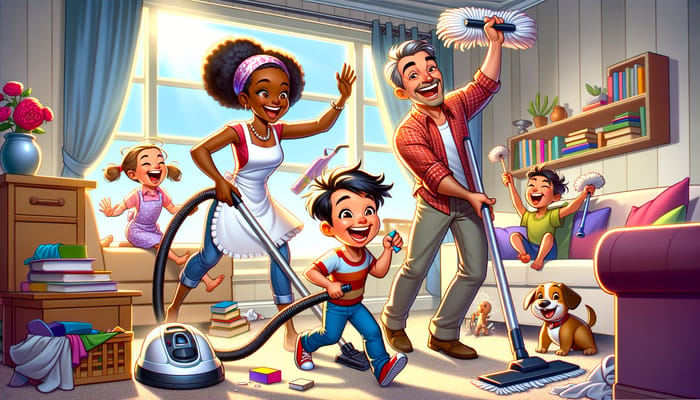 Vibrant Family Cleaning Home | Joyful Cartoon Scene