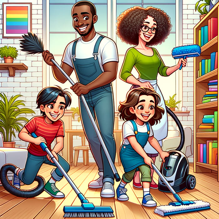 Exciting Family Home Cleaning Scene | Vibrant Cartoon Illustration