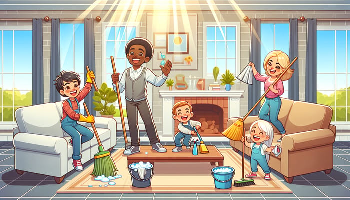 Cartoon Spring Cleaning: Multicultural Family in Cheerful Living Room