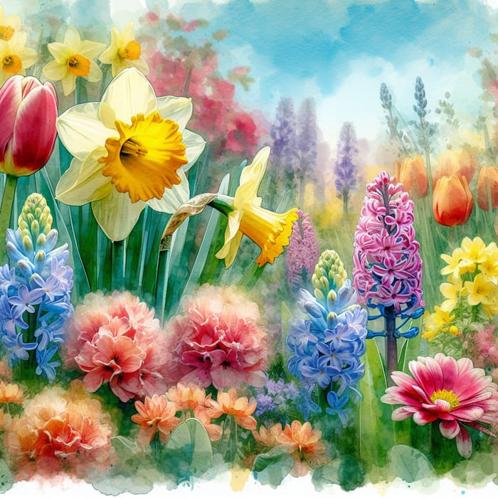 Spring Flowers Watercolor | Serene Blooms in Full Bloom