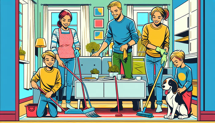 Cheerful Family Cleaning Together in Cartoon Pop Art Style