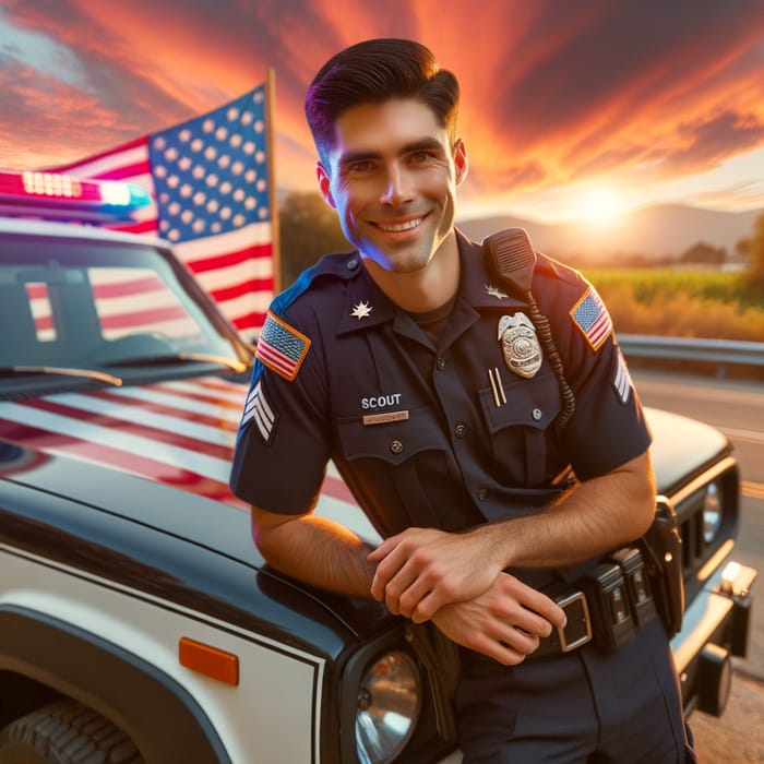 Hispanic Male Police Officer Poses with American Scout Car at Sunset with Colorful Background