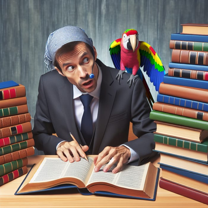Professional Translator with Comical Parrot at Work