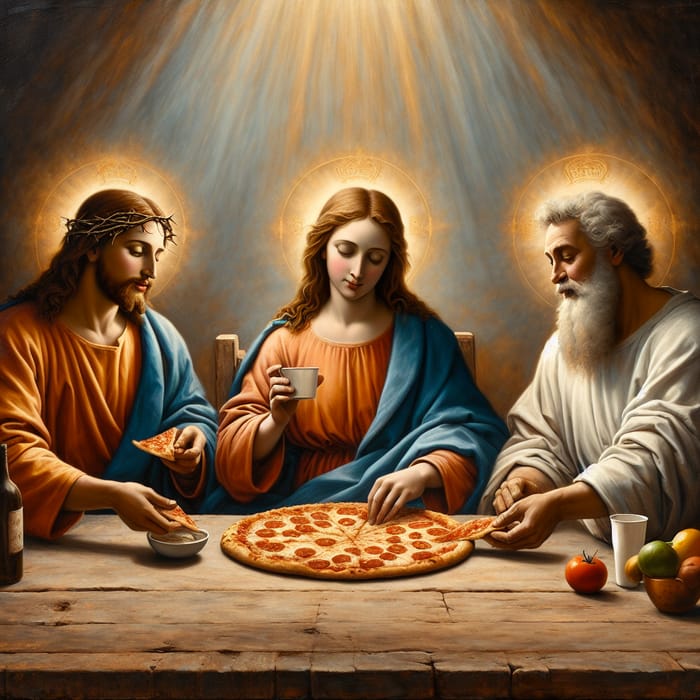 Divine Pizza Gathering: Jesus, Mary, and God Share a Meal