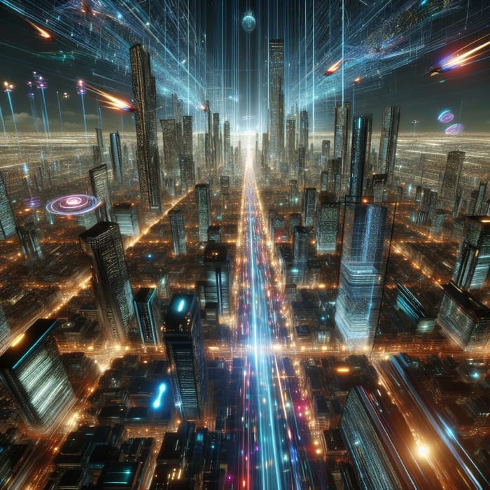 Cyberpunk Cityscape with Flying Cars and Neon Lights
