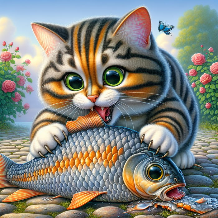 Cat Enjoying Fresh Fish Meal