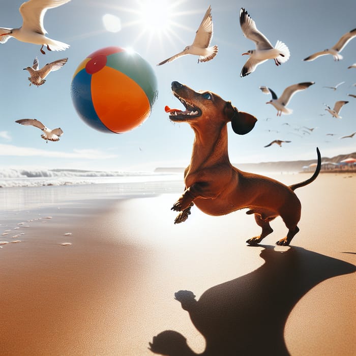 Playful Dachshund Chasing Beach Ball with Seagulls
