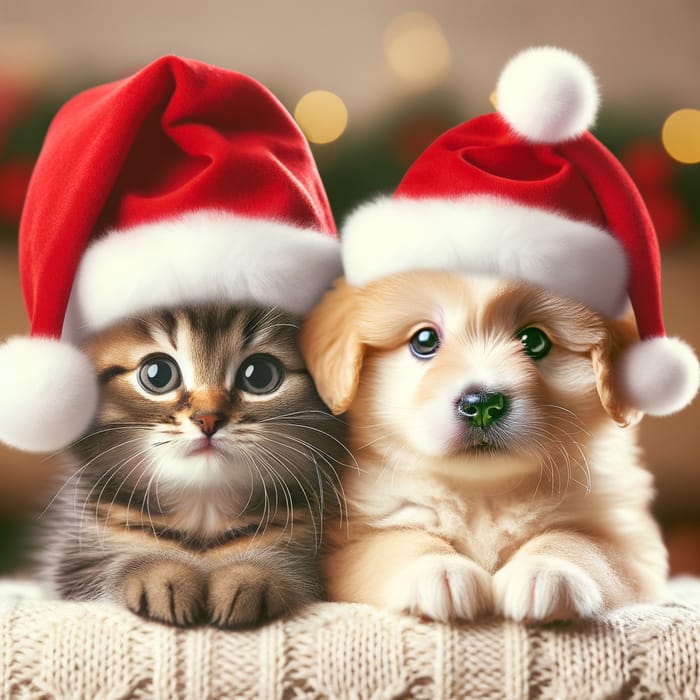 Tender Kitten and Puppy in Christmas Hats | Cheerful Holiday Photo