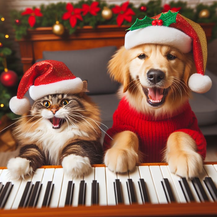Happy Norwegian Cat and Golden Retriever in Festive Hats Playing Piano