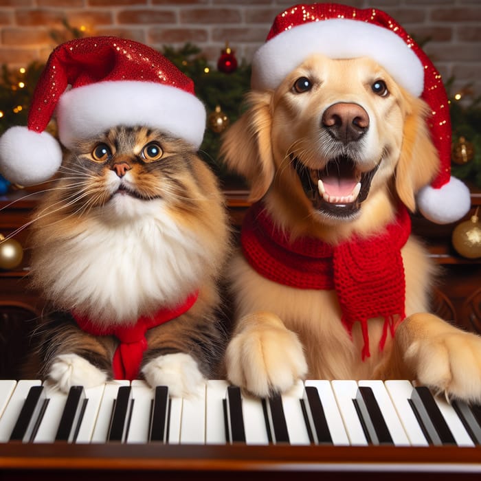 Happy Norwegian Cat and Golden Retriever Playing Christmas Piano