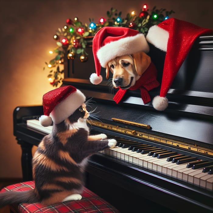 Happy Trio: Cat, Labrador Dog in Santa Hats Playing Piano
