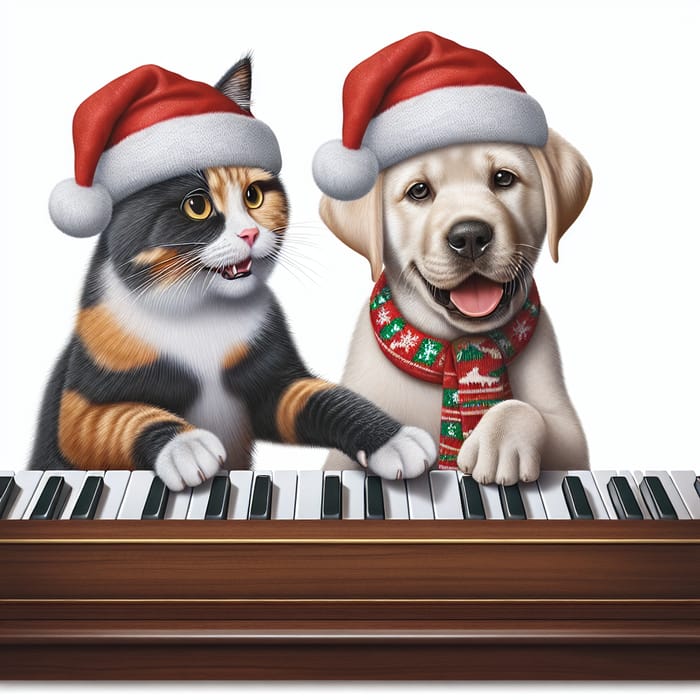Realistic Tricolor Cat and Labrador Dog Christmas Piano Duet