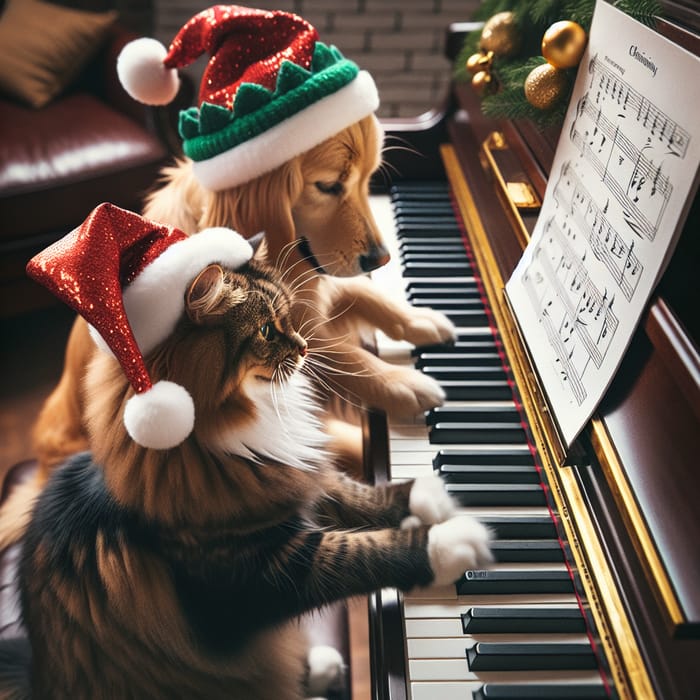 Norwegian Forest Cat and Golden Retriever in Christmas Hats Playing Piano
