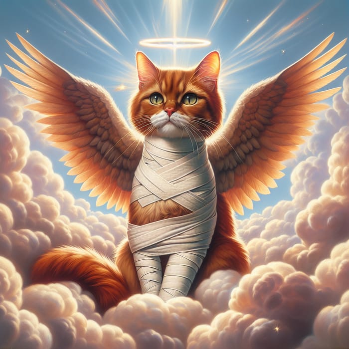 Realistic Red Cat with Angel Wings Ascends to Saintliness in Clouds