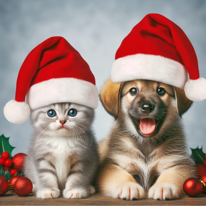 Realistic Photo Style: Kitten and Puppy in Christmas Hats