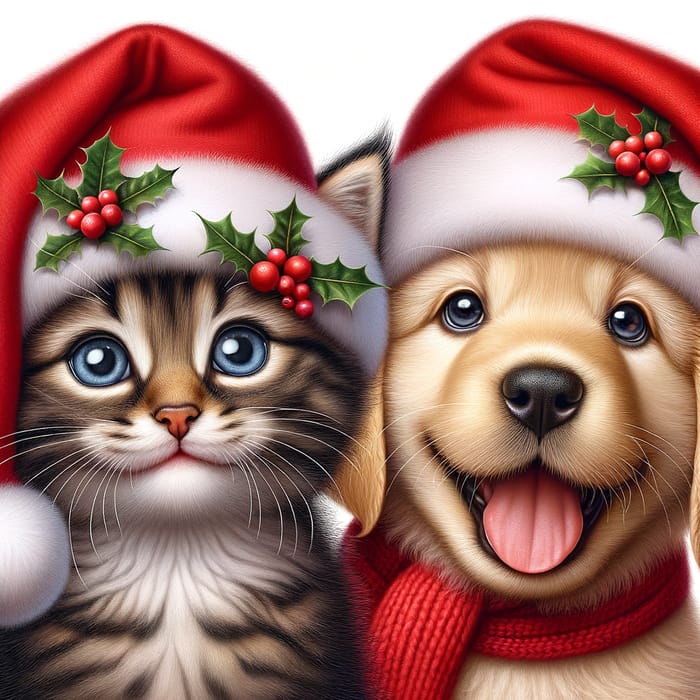 Realistic Photographic Art of Tender and Happy Kitten & Puppy in Christmas Hats