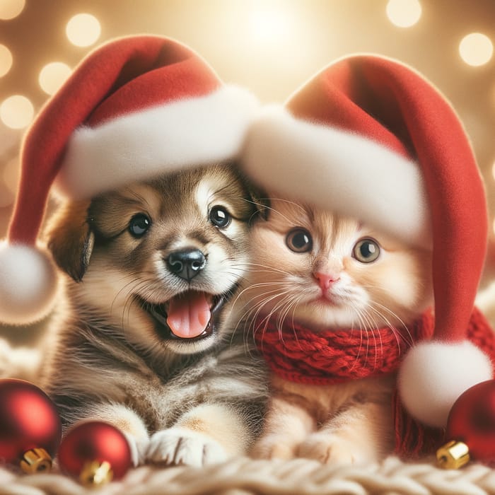 Cute Kitten and Puppy in Festive Hats | Holiday Photo Studio