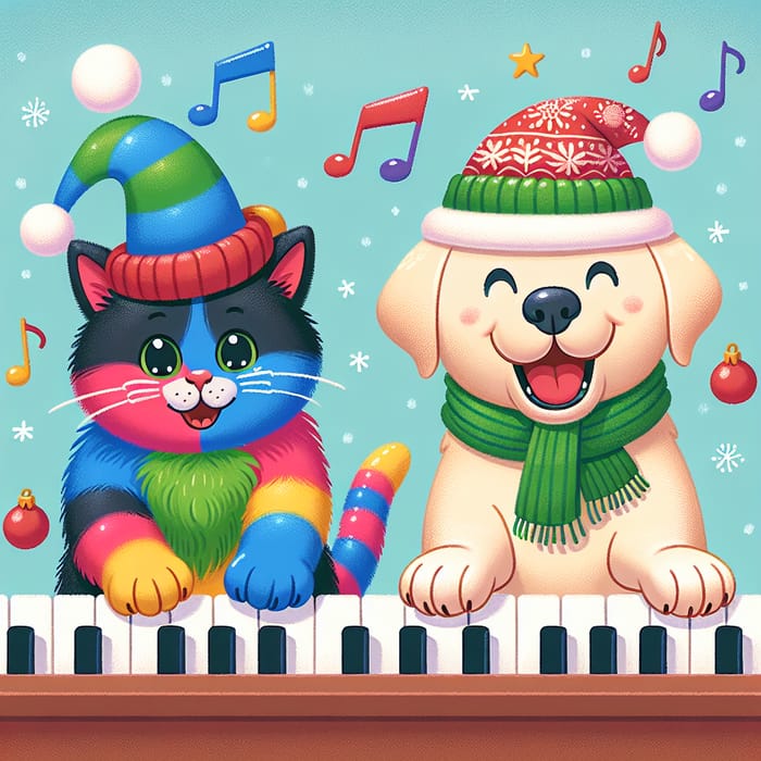 Happy Three-Colored Cat and Labrador in Christmas Hats Playing Piano