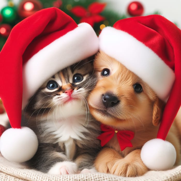 Adorable Kitten and Puppy in Festive Hats | Sweet Holiday Pets