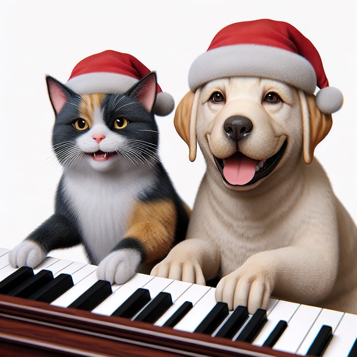 Realistic Image of Tricolor Cat and Labrador Dog Celebrating Christmas with Musical Hats