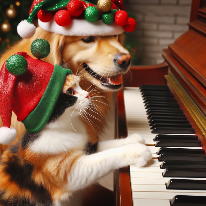 Happy Cat and Dog in Christmas Hats Play Piano