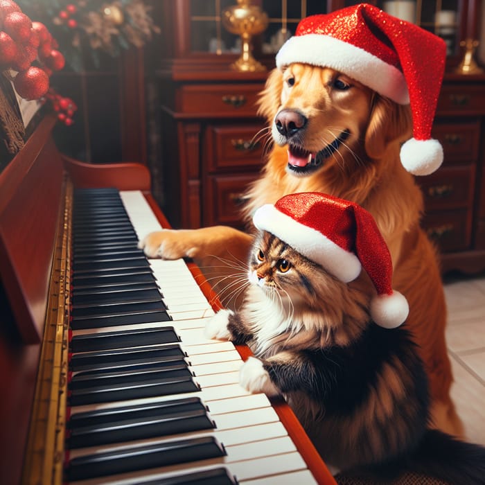 Happy Norwegian Cat and Golden Retriever in Christmas Hats Playing Piano