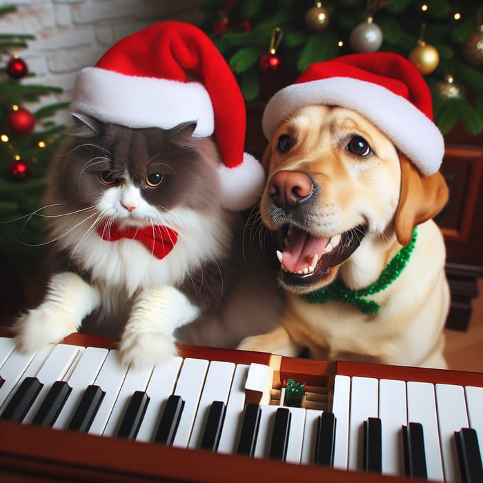 Happy Cat, Dog, and Labrador in Christmas Hats Playing Piano