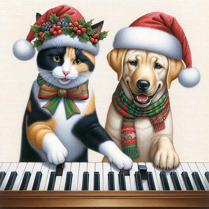 Tricolor Cat and Labrador Dog in Festive Hats Playing Piano