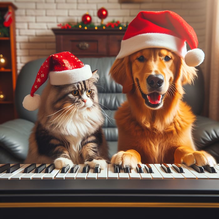 Happy Norwegian Cat and Golden Retriever Playing Festive Piano
