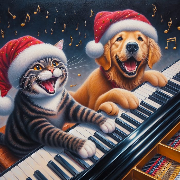 Happy Cat and Dog in Christmas Hats Playing Piano