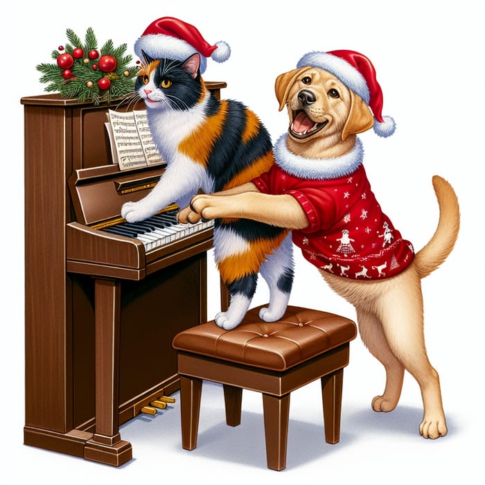 Happy Cat, Three-color Cat, and Labrador Dog Playing Piano in Christmas Hats