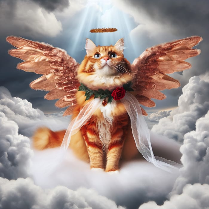 Red Cat with Angel Wings, Wrapped in Bandages, Ascending to Clouds of Holiness