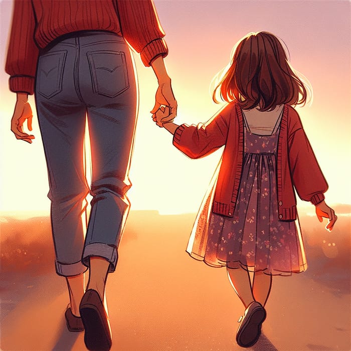 Caucasian Girl & Mother Holding Hands at Sunset | Strong Bonding Moment
