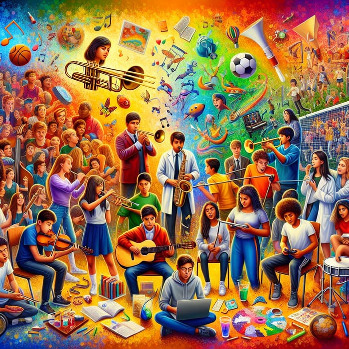 Diverse High School Extracurricular Activities: Band, Science, Gaming, Sports, Art, Music