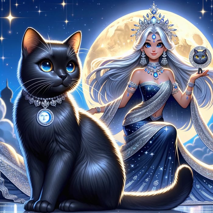 Enchanting Black Cat and Moon Goddess Under Starry Sky