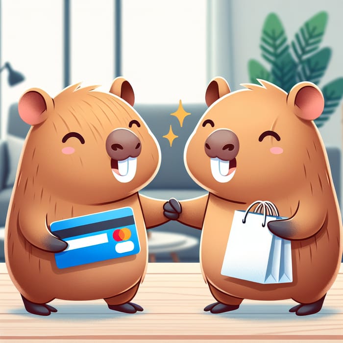 Cute Cartoon Capybaras Greeting with Payment Card and Food Delivery