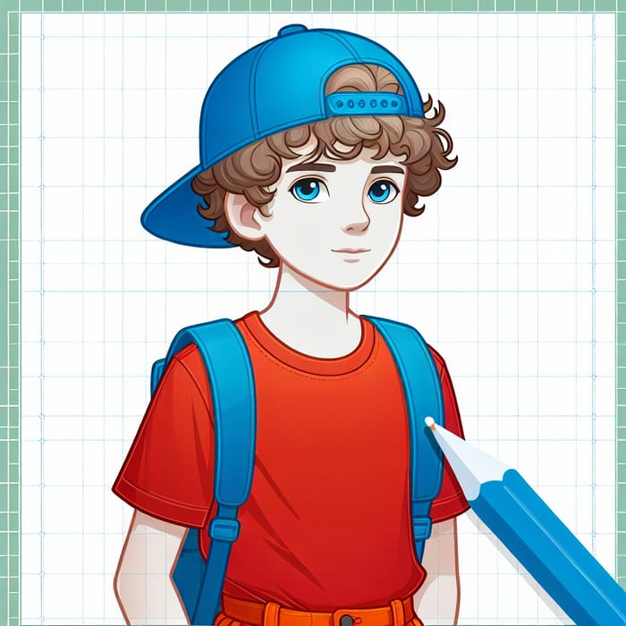 White Teenager with Curly Hair in Blue Cap and Orange Pants