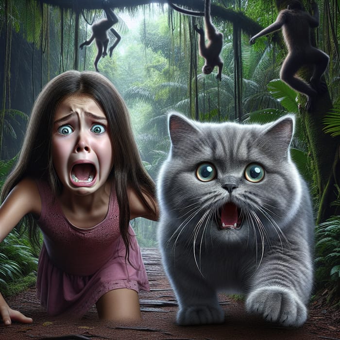 Terrified Girl & Gray Cat in Real Jungle | Aesthetic Hyperrealism