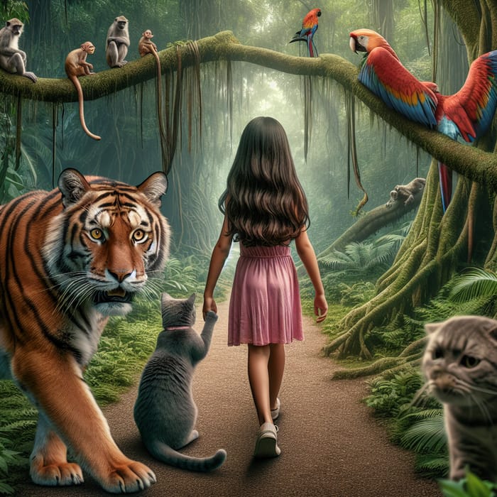 12-Year Old Hispanic Girl and Grey Cat Explore Realistic Jungle