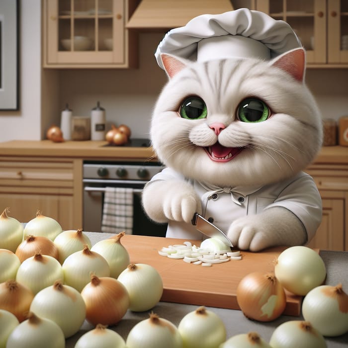 Chubby White British Cat Chef Cutting Onions in Kitchen