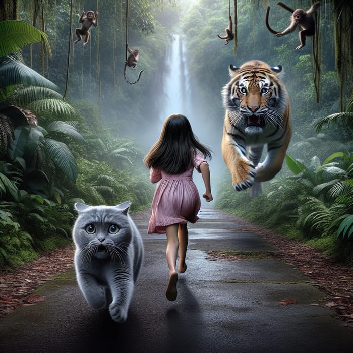 Scared Girl and Cat Running from Tiger in Hyperreal Jungle Scene