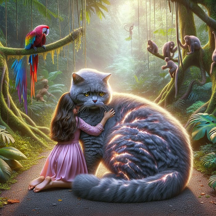 Captivating Scene: Realistic Portrait of Girl and British Cat in Jungle
